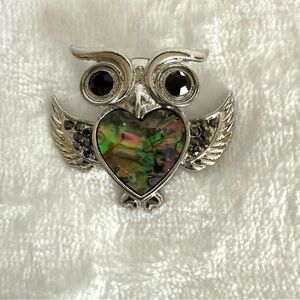 Silver Owl Brooch with Multicolor Heart NWOT